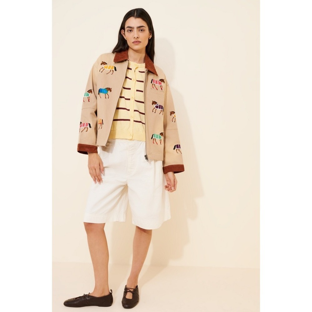 Found Lariat Horse Embroidered‎ Work Jacket Tan Corduroy Trim XL NWT